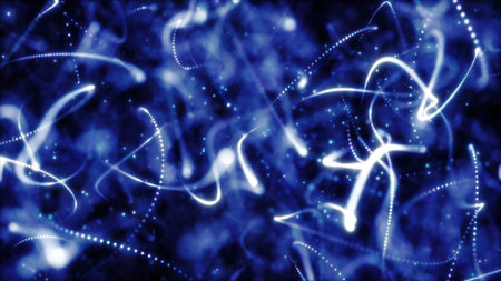 Abstract blue light trails and particles floating through a dark digital space in motion.