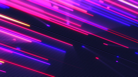 Abstract glowing fiber optic lines in pink and blue hues, forming a dynamic and futuristic digital motion tunnel.の写真素材