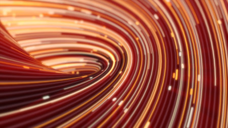 Abstract red and orange spiral with glowing lines, rapid motion, and vivid highlights, creating a bold, high-energy visual pattern.の写真素材