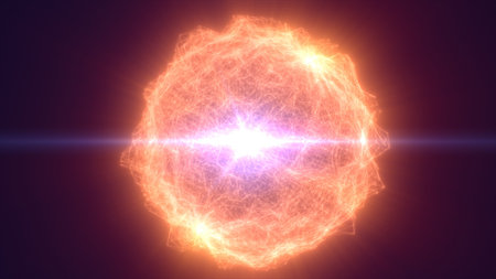 Fiery glowing orange energy sphere with intense light core and radiant heat filaments, representing...