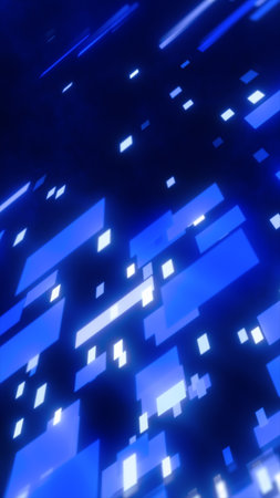 Pixelated blue rectangles float across a dark background, suggesting digital fragmentation or high-speed information streaming.の写真素材