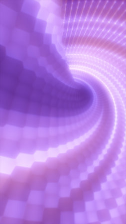 Abstract glowing tunnel of violet and lavender cubes swirling into the distance, evoking a...