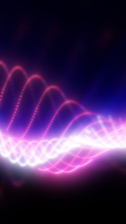 Glowing waveforms of pink and white light curve across a dark background, creating a sense of motion...