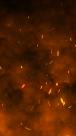 Glowing orange sparks rising through thick smoke in a dynamic, fiery background with a sense of heat...
