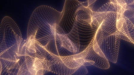 Glowing golden particles swirl into an elegant abstract wave pattern, flowing through dark space...