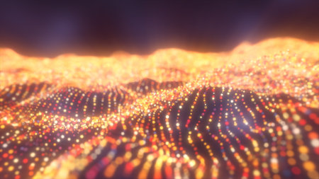 Glowing orange and red light dots form flowing waves across a dark abstract digital surface.の写真素材