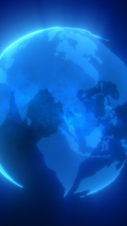 Digital Earth composed of glowing blue dots forming continents and oceans against a dark background.