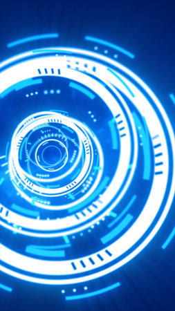 High-tech digital interface with concentric glowing circles and data elements, simulating a futuristic HUD.の写真素材