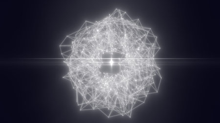 Dark abstract sphere made of glowing white nodes and geometric lines, resembling a minimalist...