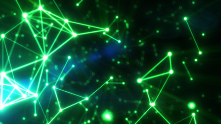 Abstract visualization of a glowing green neural network or digital data connections on a dark...
