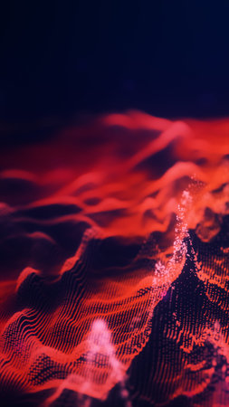 Vivid abstract landscape of red and purple particles forming digital waves over a dark blue...