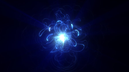 Abstract glowing blue energy sphere with swirling light trails and bright core, symbolizing power,...