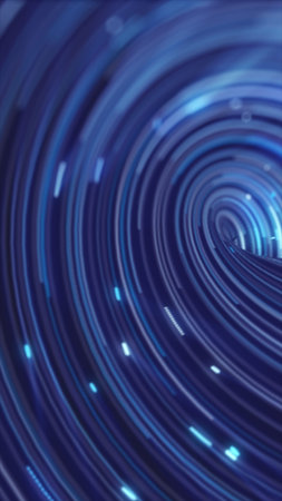 Spiraling rings of blue data light form a tunnel effect, creating a hypnotic visualization of...