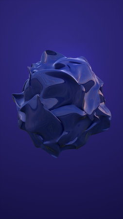 Glossy, sculptural blue abstract shape floating against a smooth purple background in a minimalistic...