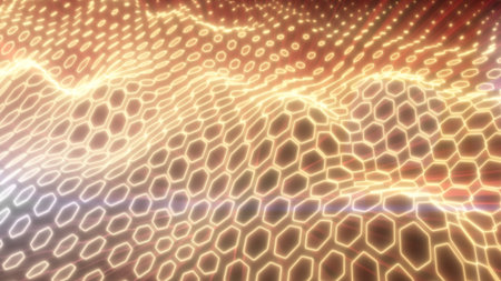 Flowing golden hexagonal grid with glowing highlights, evoking a sense of advanced energy networks...