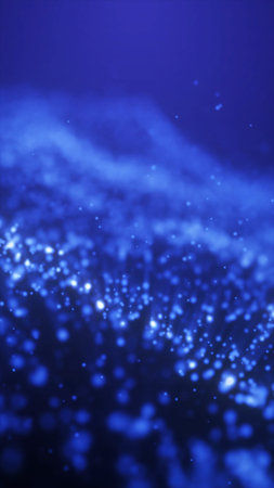 bstract blue glowing particles dispersed in soft focus, evoking a sense of depth, light diffusion,...