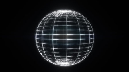 A wireframe globe with intersecting lines, symbolizing a connected world, displayed in a...
