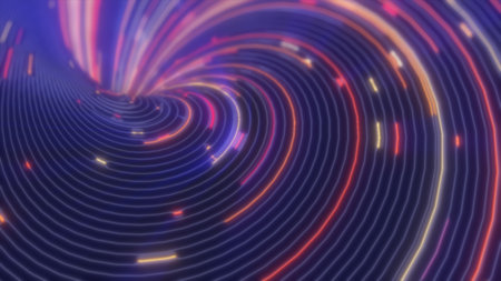 Abstract purple and blue swirl with glowing neon lines and scattered light accents, forming a dynamic, futuristic spiral pattern.の写真素材
