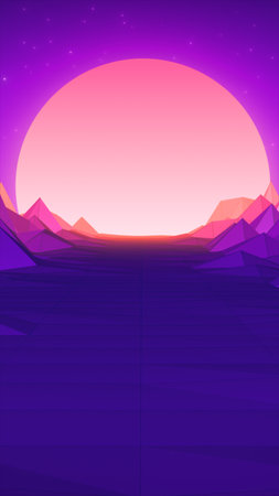 Retro-futuristic mountain landscape with a giant sun setting over low-poly purple terrain and a glowing horizon.の写真素材