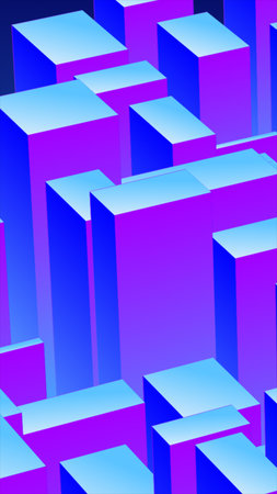 Abstract geometric cityscape in blue and purple tones with blocky 3D shapes and clean lines.の写真素材