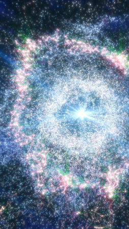 Stunning cosmic explosion with radiant starburst surrounded by colorful nebula patterns.