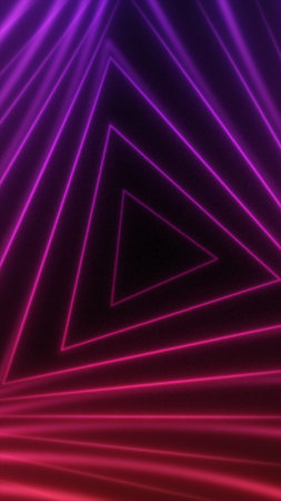 Abstract glowing purple neon triangular tunnel with perspective lines, futuristic sci-fi background.