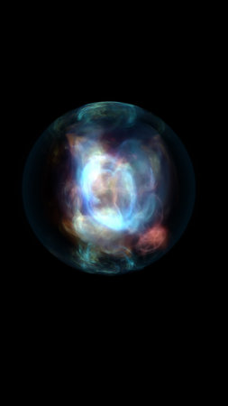 Abstract glowing sphere with swirling light patterns in blue and red hues against a black...