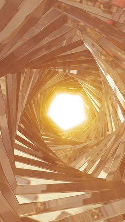Shiny golden tunnel with spiral structure converging to a bright center, evoking a futuristic and...