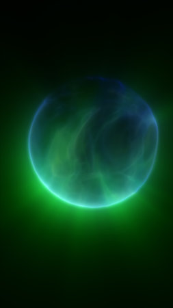 Abstract green glowing orb or planet with atmospheric haze on a dark background, symbolizing mystery, space, and energy.の写真素材