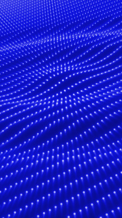 Blue glowing digital surface with an array of evenly spaced lights creating a futuristic pattern.
