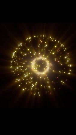 Abstract glowing golden sphere bursting with light rays and energy particles.の写真素材