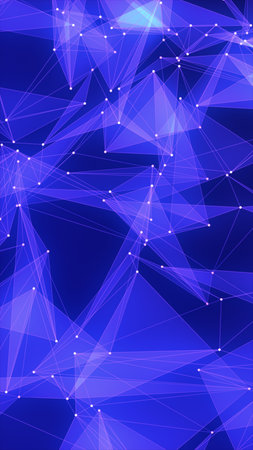 Abstract geometric network of blue polygons connected by white points over a dark gradient...