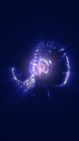 Abstract glowing shape resembling a cosmic energy sphere with radiant blue and purple highlights.の写真素材