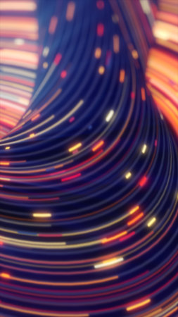 Abstract digital streams of colorful lines and lights curving dynamically, representing speed and futuristic technology.の写真素材