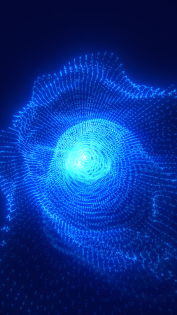 Abstract blue digital particle grid forming a luminous wave with a glowing central core.の写真素材
