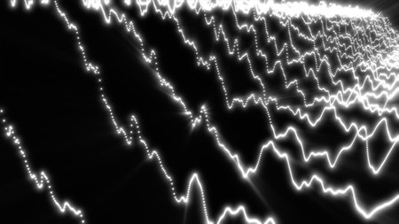 Intense white glowing lines and dotted paths cascade across a black digital space, forming abstract waves of light.の写真素材