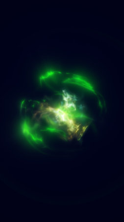 Abstract glowing green energy core with swirling electric light on dark background.