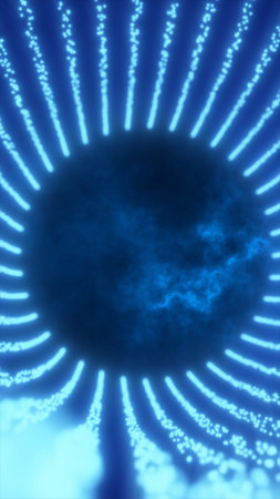 Blue energy field with radial glowing streams emanating from a dark circular core, resembling a data...