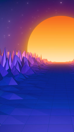 Stylized retro sunset landscape with polygonal mountains and a glowing sun in the background.