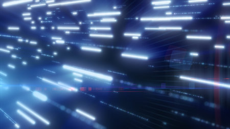 Abstract background with glowing blue light trails in motion, futuristic digital energy flow.