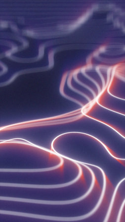 Stylized neon contour lines in glowing red and white, forming abstract topographic waves and paths.