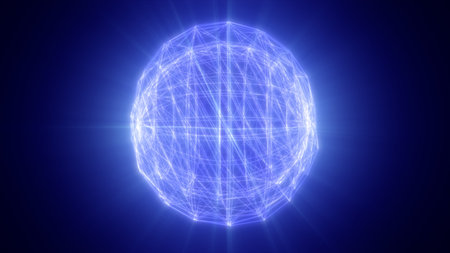 A blue wireframe sphere, interconnected by glowing lines, representing global connectivity, data...