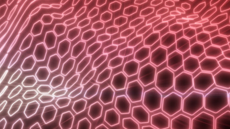 Radiant red hexagonal mesh with glowing edges, forming a dynamic wave pattern symbolizing energy, technology, and futuristic design.の写真素材