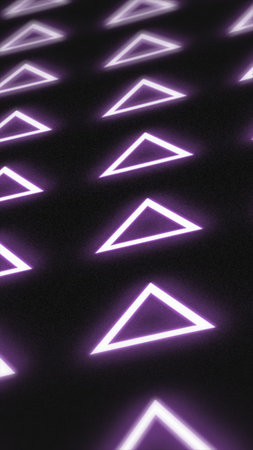 Abstract glowing purple neon triangles forming a futuristic geometric pattern with vibrant illumination.の写真素材