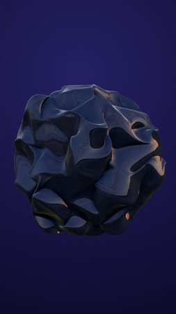 Dark abstract rock-like 3D shape with glossy reflective surface against a deep blue background.の写真素材