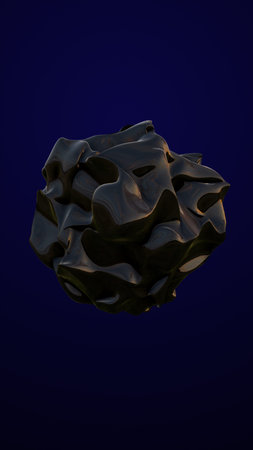 Abstract black glossy object with fluid shapes on a dark blue background, resembling a futuristic...