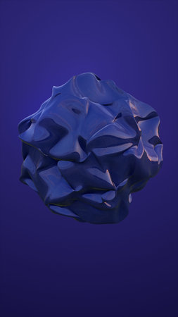 Glossy, sculptural blue abstract shape floating against a smooth purple background in a minimalistic...