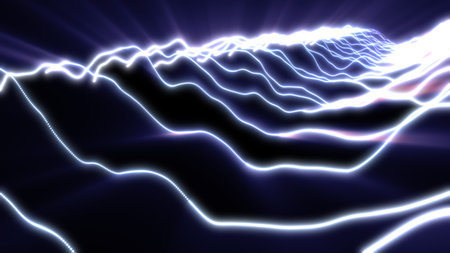 A stream of vivid electric blue waves flows across a dark digital background, creating a sci-fi...