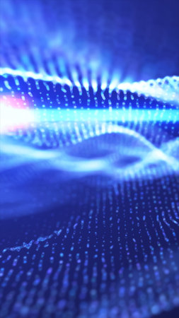 Abstract blue wave of glowing digital particles creating a futuristic sense of flow and movement.