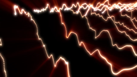 Intense glowing orange and red dotted lines ripple along an abstract terrain, resembling fiery...